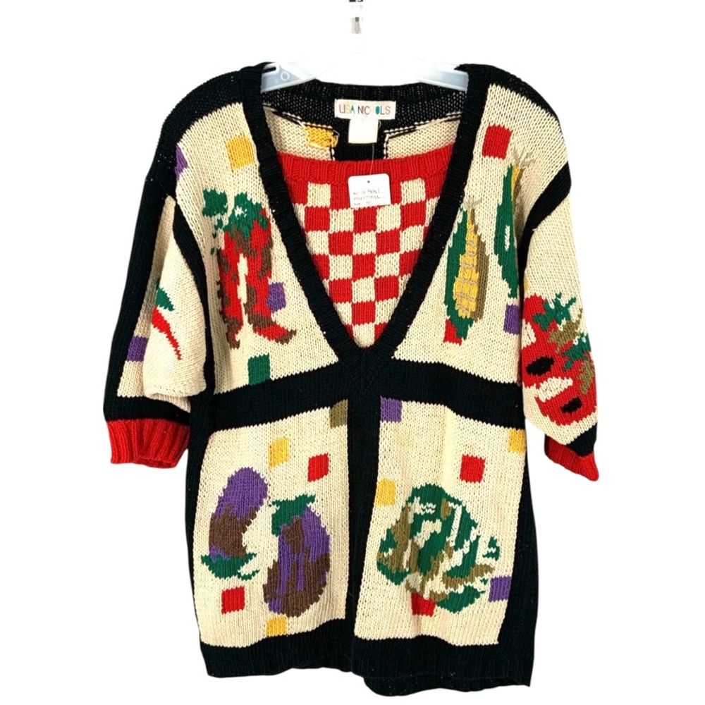 Vintage 80’s‎ Lisa Nichols Vegatable Garden Novelty Knit Cotton Sweater Retro